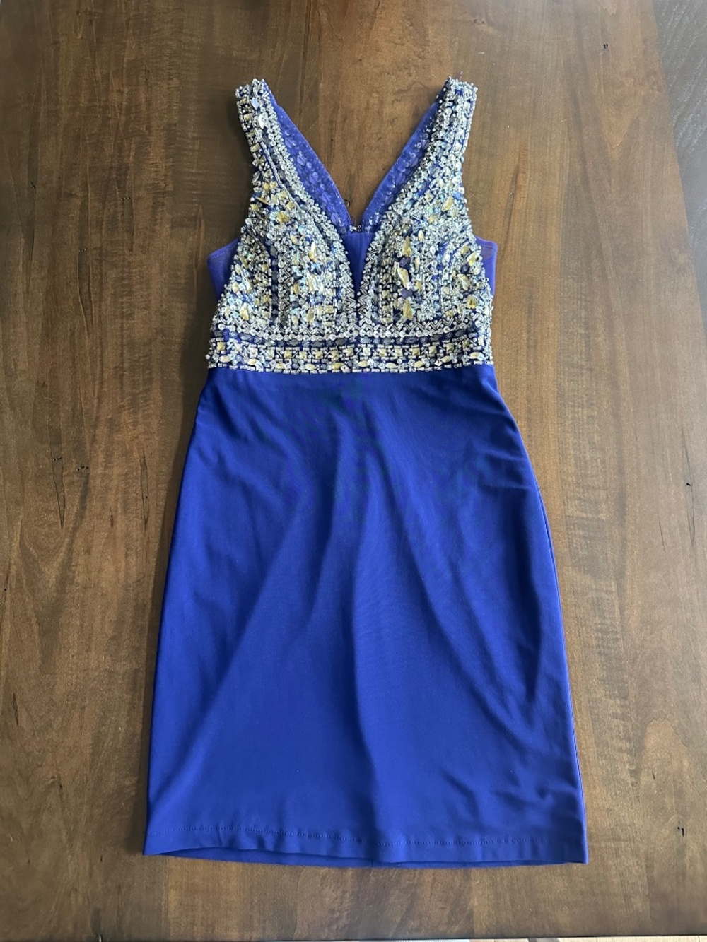 Faviana Rhinestones Mesh Royal Blue V-Neck Jersey Mini Dress Bodycon Women's 00